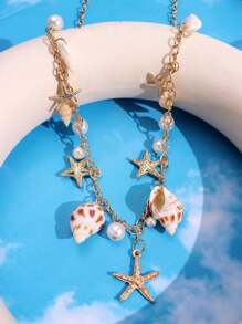 1pc Fashionable, Exquisite, Luxury Summer Beach Resort Style Starfish, Shell, Seashell, Pearl Decor Long Necklace For Women, Daily & Beach Outfit Jewelry