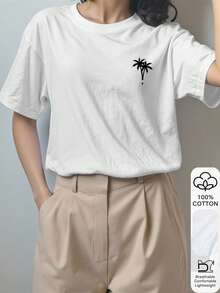 女士宽松椰树印花T恤，100%纯棉，白色短袖图案T恤，中国新年，农历新年，马年，新年快乐，情人节，情人节礼物，送她的礼物，返校服装，校园穿搭灵感，返校必备单品，开学第一天穿搭，2026返校穿搭 - 白色 - 查看 3