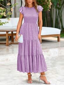 Women's Summer Elegant Dress Floral Cap Sleeves Ruched Ruffles A-Line Long Flowy Boho Dress Cocktail Wedding Guest Gown Vacatio Vestidos Elegantes De Mujer Purple Dresses For Women - 淺紫色 - 查看 3