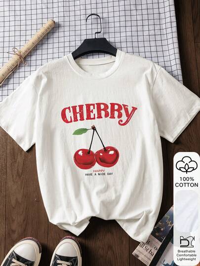 Cherry Print 100% Cotton Short Sleeve T-Shirt For Women, Summer Casual White