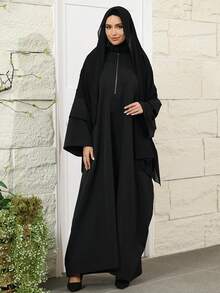 VFJ Women's Casual Modest Loose Zip-Up Half-Open Collar Dress And Headscarf - Black - View 5