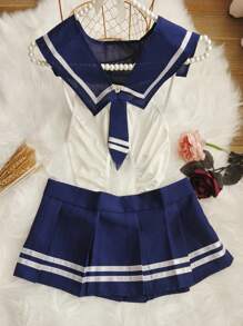 Conjunto de estilo universitario de lencería sexy para mujeres de 3 piezas: Mono sin entrepierna, Cuello, Falda