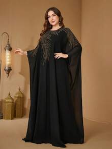UNITHORSE Plus Size Women Round Neck Long Sleeve Heavily Embellished Chiffon Maxi Evening Dress Black Spring Fall - Black - View 5