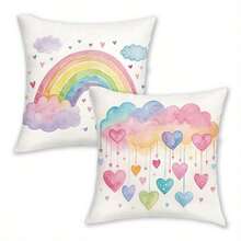 2pcs, Short Plush Rainbow Clouds Heart Pattern Throw Pillow Covers,16x16 18x18 20x20 Inches, Boho Cozy Colorful Home Decor Cushion Covers, Zipper Closure Polyester Farmhouse Holiday Pillowcases For Living Room Sofa Outdoor, No Pillow Inserts, Polyester 100%, Single-Sided Print. - Multicolor - View 1