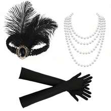 1920s Women Flapper Headband Pearl Necklace Gloves 3pcs/Set, Vintage Elegant Sexy High-End Costume For Party, Halloween
