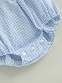Baby Girl Summer Romper Loose Fit Sailboat Embroidery Plaid Smocked Doll Collar Short Sleeve Infant Jumpsuit - 藍色 - 查看 7