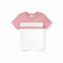PatPat Family Matching Blue Cotton Colorblock Tee Shirt Or Flora Print Smocking Puff-Sleeve Dress Set - 粉色 - 查看 5