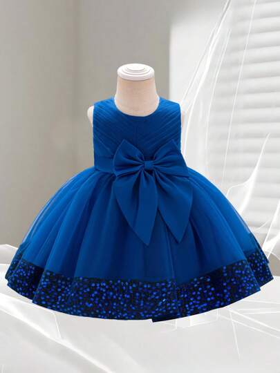 Little Girls Ball Gown Dress Sleeveless Round Neck Sequins Hem Tulle Patchwork A-Line Dresses