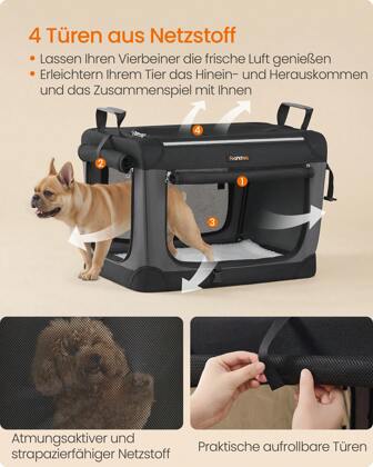 Hundebox faltbar, 60 cm/76,2 cm Transportbox für kleine Hunde, Hundetasche, Oxford-Gewebe, mit 4 Türen aus Netzstoff, Griffen, Taschen für Futter und Wasserflasche