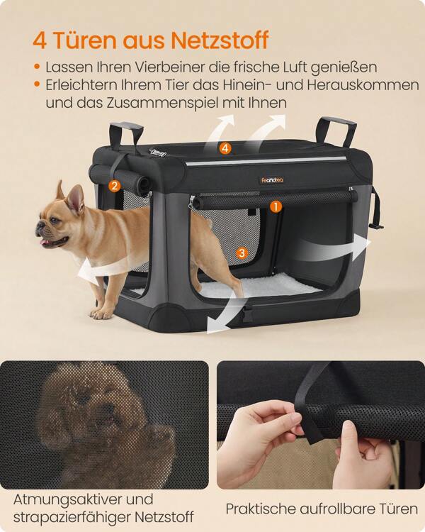 Hundebox faltbar, 60 cm/76,2 cm Transportbox für kleine Hunde, Hundetasche, Oxford-Gewebe, mit 4 Türen aus Netzstoff, Griffen, Taschen für Futter und Wasserflasche