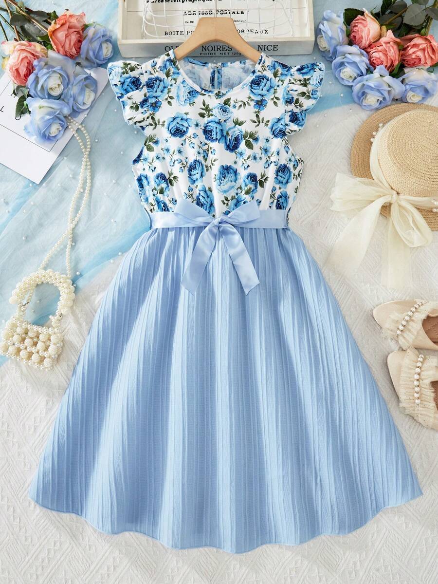 Girls' Summer Ruffles Blue & White Floral Print Dress With Waistband A-Line Sweet Casual Sleeveless Dress For Pre-Teens - Blue and White - View 1