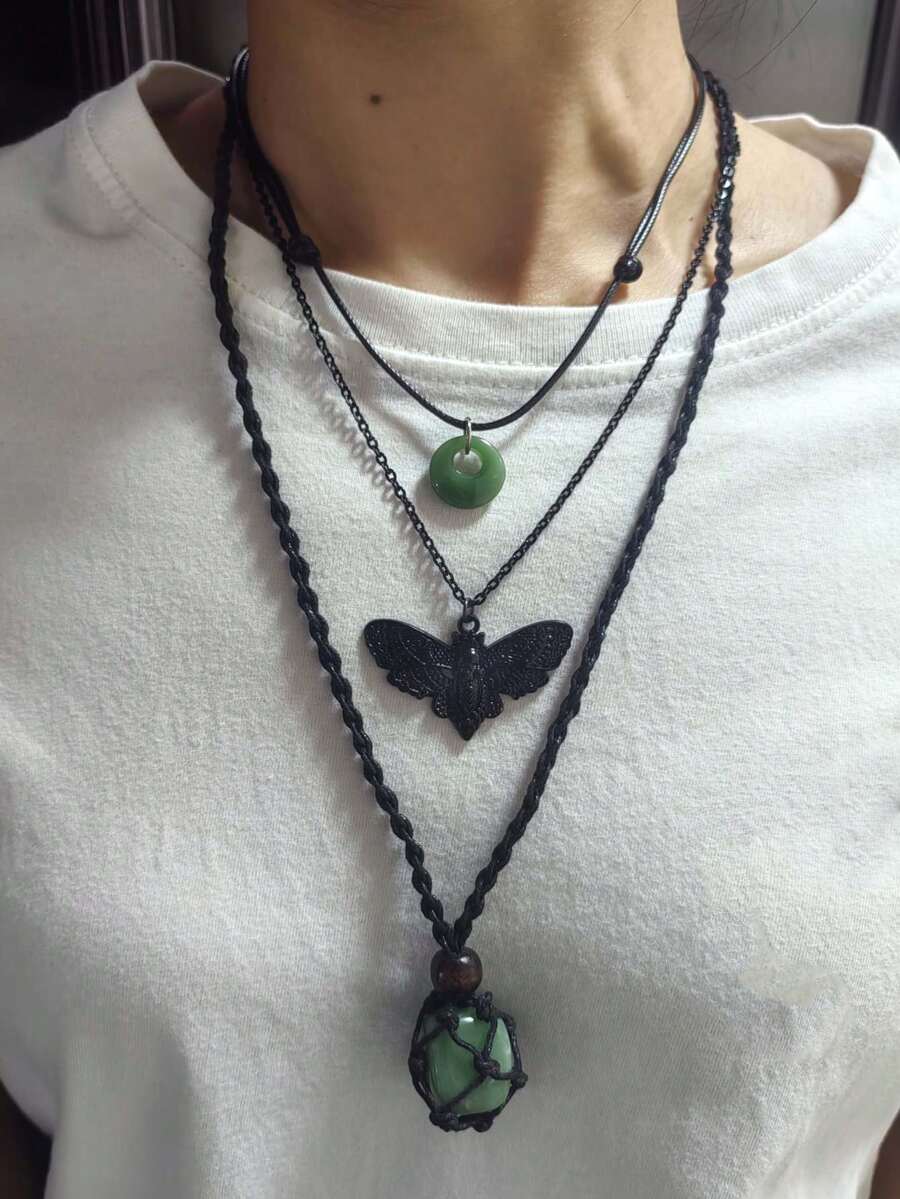 3pcs Gothic Style Moth Skeleton Head Adjustable Stone/Rock, Natural Stone Black Mesh Net Woven Necklace, Adjustable Jade-Like Green Amulet Pendant Necklace Set, Unisex