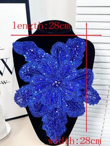 全新3D多层电脑刺绣水晶钻珠中心花配尖叶手工胸针服装装饰配件材料，长度：29厘米，宽度：28厘米 - 寶藍色 - 查看 16