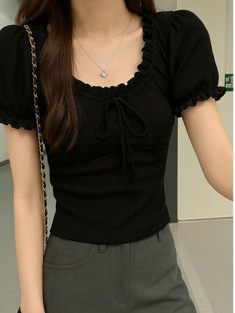 Áo thun cổ tròn tay ngắn đơn giản giản dị dành cho nữ mặc hàng ngày - màu đen - Xem 1