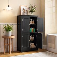 43 "Bathroom Storage Cabinet, Storage Floor Cabinet With Adjustable Shelves And 4 Magnetic Doors, Suitable For Bathroom, Living Room - 黑色 - 查看 6