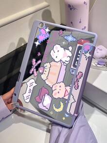 精致可爱的像素兔蝴蝶结双面亚克力透明水晶后盖，防震，适用于iPad 7、8、10代（10.2英寸），内置笔槽，支持睡眠/唤醒功能，可折叠支架，节日/新年礼物