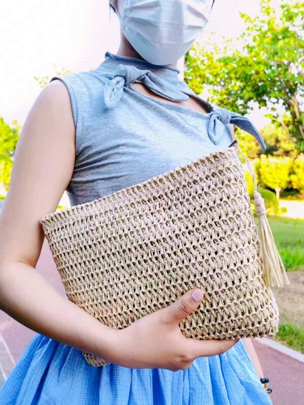 Women Woven Straw Hand Bag, Boho Beach Pouch, Summer Beach Wallet, Gold Color Clutch, Crochet Weave Purse, Cosmetic Bag, Handmade Zipper Wrist Strap Wallet, Summer Beach/Wedding/Vacation Essential Bag
