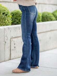 女士休闲高腰修身喇叭牛仔裤，带口袋，百搭 - 深色水洗藍 - 查看 2