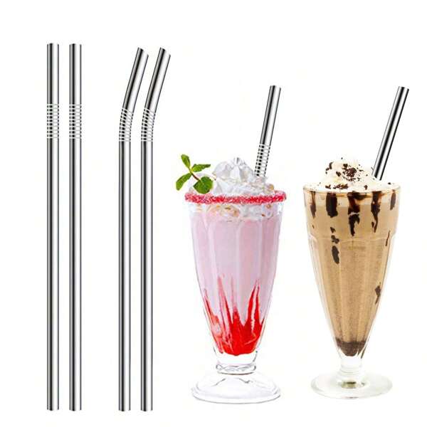 2pcs Metal Straws - Straight & Bent Reusable Metal Drinking Straws, Suitable For Milkshakes, Bubble Tea, Smoothies, Large Drinks, Best Choice For Enthusiasts