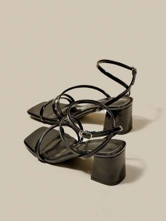 女士黑色漆皮露趾交叉系带厚底粗跟凉鞋，夏季系带角斗士高跟凉鞋