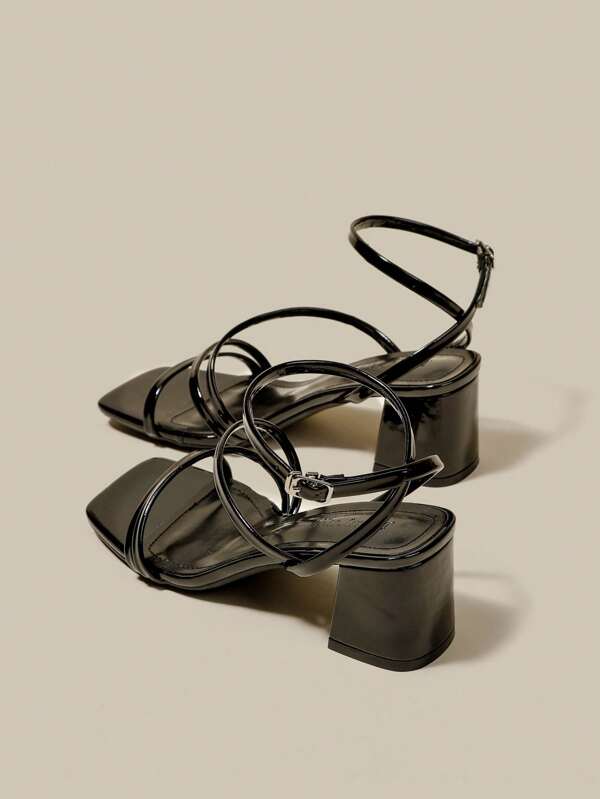 Women's Black Patent Leather Peep Toe Crisscross Strappy Platform Block Heels Sandals, Lace-Up Gladiator Heeled Sandals For Summer