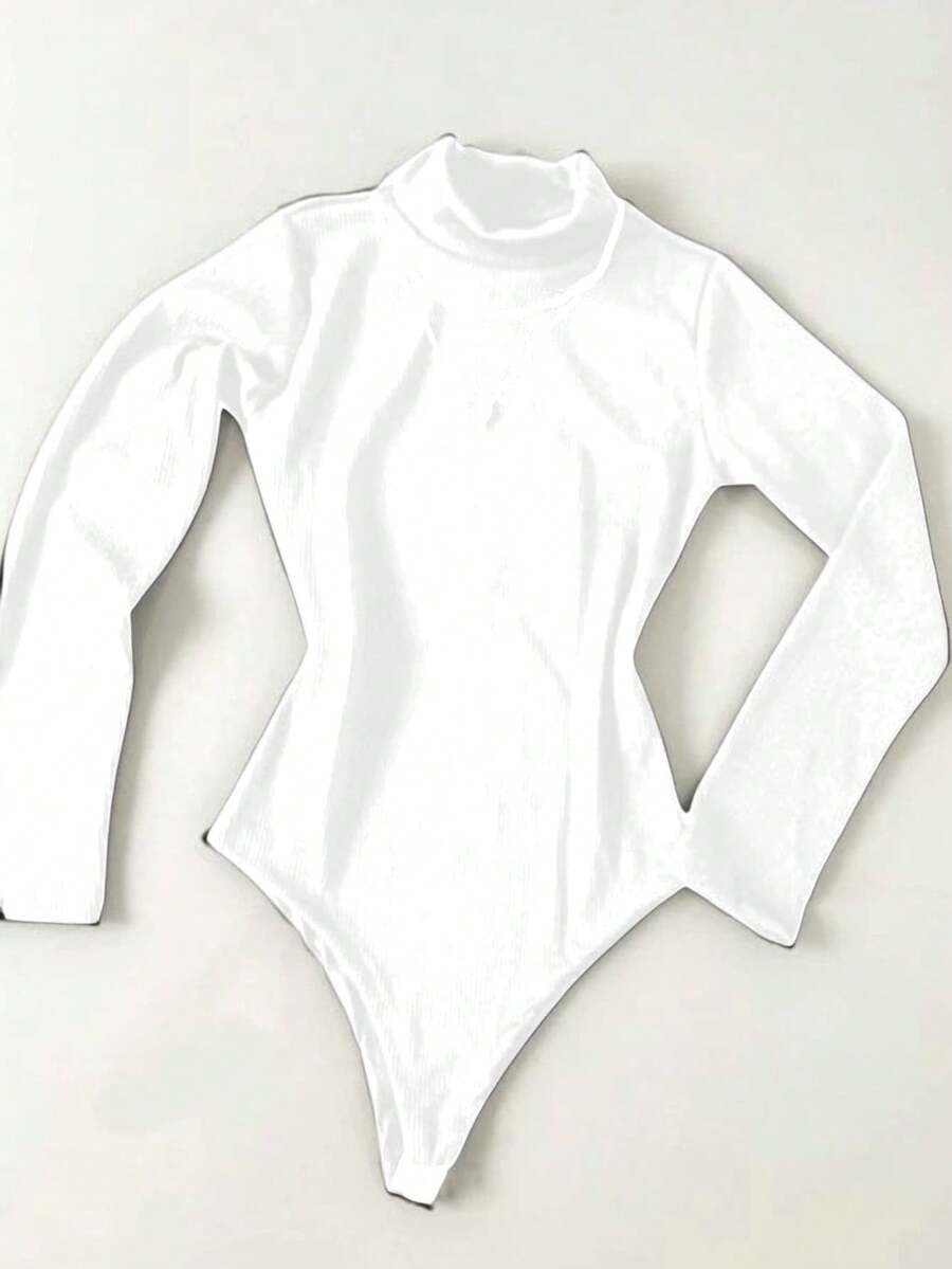 Bory Bodysuit Women's Long Sleeve Ribbed Basic Blogger Leotard - 白色 - 查看 1