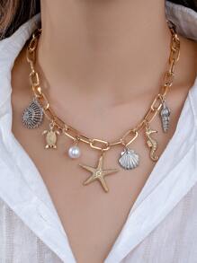 1pc Metallic Ocean Creature Pendant & Faux Pearl Chunky Chain Necklace, Suitable For Women Beach Vacation Outfit
