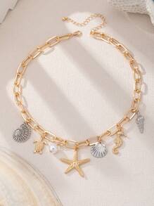 1pc Metallic Ocean Creature Pendant & Faux Pearl Chunky Chain Necklace, Suitable For Women Beach Vacation Outfit