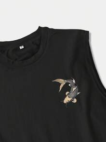 男士优质休闲无袖背心，创意锦鲤图案，轻盈圆领，透气吸湿速干，适合夏季健身训练，可作为内衣或外套 - 黑色 - 查看 5