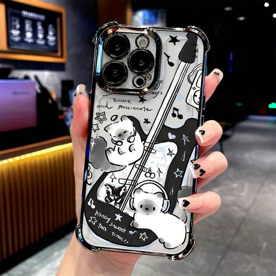 Cute Black Guitar Music Cat Phone Case Compatible With Samsung Galaxy S22FE, S23, S24, S22PLUS, S23ULTRA, S24ULTRA, 16, 15, 14, 13, 12, 11 Pro Max, X, XSMAX, Featuring A Transparent Soft Back For Drop Protection. - màu đen - Xem 1