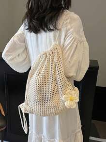 Woven Drawstring Backpack For Women, Simple & Fashion Handbag, Beige Crochet Sling Bag With Open Design, New Minimalist Hollow Knitted Drawstring Backpack, Bohemian Crochet Tote Bag - Stylish Summer Beach Shoulder Bag, Suitable For Casual Outings And Relaxation, Beach Bag For Beach And Casual Wear, Beach Essential, School Backpack