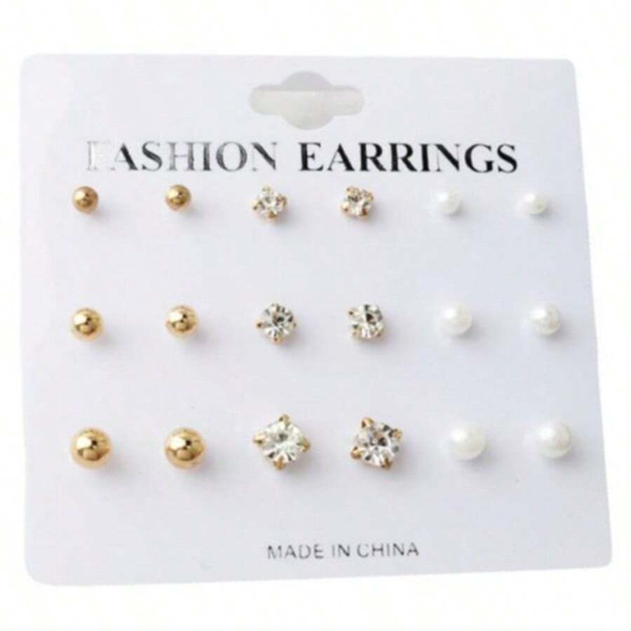 9 Pairs Heart & Faux Pearl Stud Earrings Set For Women - Multicolor - View 1