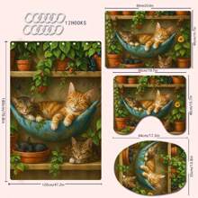 1/4 Stück Bequemes Badezimmer-Set im Katzenmotiv, bestehend aus Duschvorhang, Badematte, U-förmiger Toilettenvorlage, Toilettendeckel-Abdeckung, wasserdichter Duschvorhang, dekorativer Vorhang, moderne Badezimmer-Teilungsvorhang, ohne Bohren, aus Polyester, maschinenwäschbar, Schulanfang