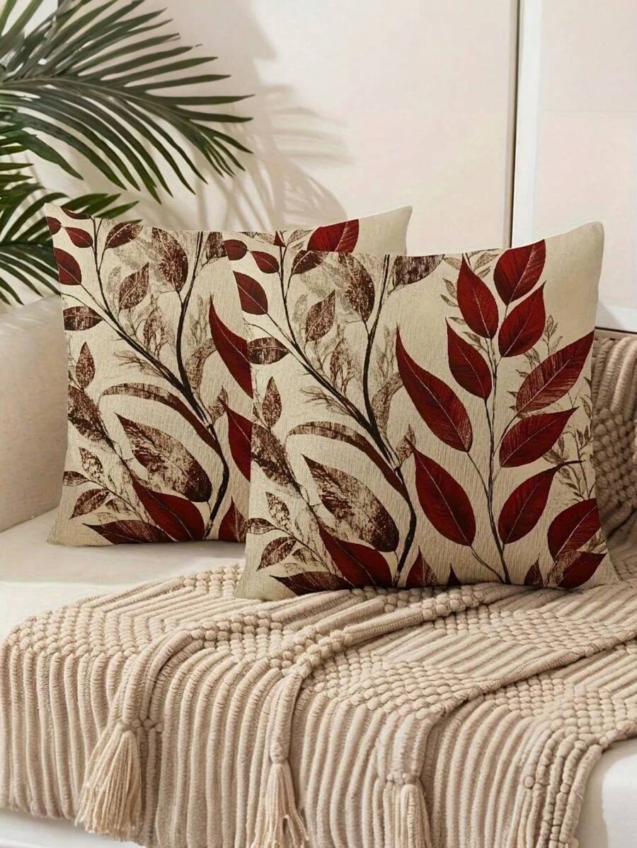 4pcs/2pcs Autumn Leaf Decorative Pillow Covers, Romantic Autumn Design, Deep Red Background With Dried Rose, Dark Brown And Ivory Print, | 18 X 18 Inches | Zipper Closure | Soft And Comfortable Fabric, Fade-Resistant, Machine Washable, Suitable For Outdoor Decor, Home Decor, Patio Decor, Room Decor, Party Decor, Bedroom Decor. Pillow Inserts Not Included.