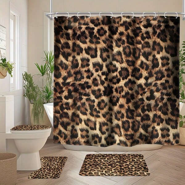 4-teiliges Leoparden-Muster Badezimmer Set - Moderner, sexy floraler Leoparden-Muster, künstlerischer wasserdichter Duschvorhang mit 12 Haken, rutschfeste Badematte, U-förmiger Toilettendeckel, Badezimmer Dekor Accessoires für den Schulanfang