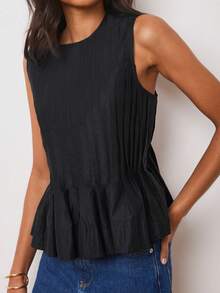 Women Summer Sleeveless Casual Tank Tops Round Neck Pleated Ruffed Hem Babydoll Shirts Summer Slim Fit Tops Blouse Streetwear - 黑色 - 查看 3