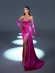 Faeriesty Style Elegant Ruched Front Mermaid Hem Tube Party Dress(Gloves Included) For Galas, Weddings, Proms, Red-Carpet Events, And High-End Banquets​ - Hot Pink - View 6