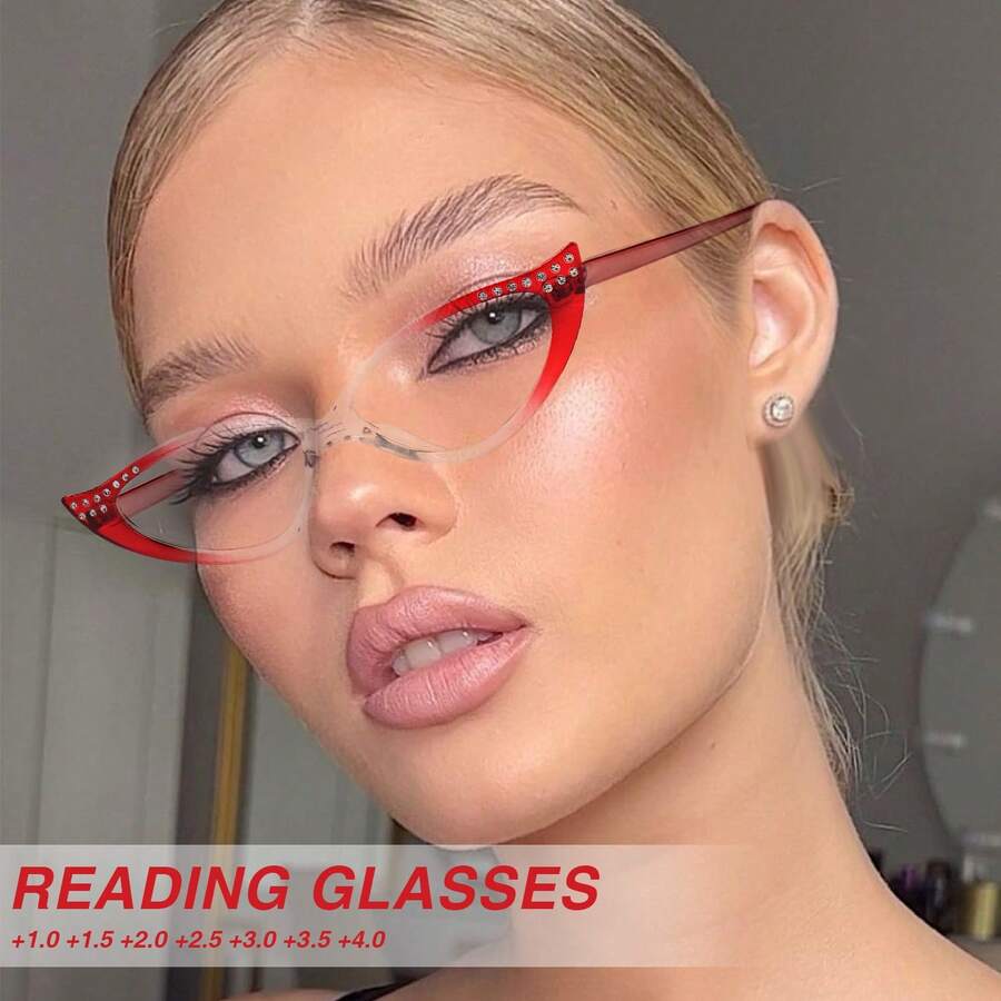 1pc Fashion Cat Eye Small Frame Reading Glasses, Rhinestone Designed Stylish Personalized, Gradient Color Frame, High-End And Elegant Women Reading Glasses - Red - View 1