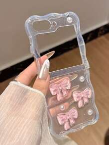 粉色蝴蝶结仿珍珠装饰 Galaxy Z Flip 6/5/4/3 可折叠手机壳，硅胶防震保护套，轻巧奢华时尚防水防摔防刮 - 無色 - 查看 8