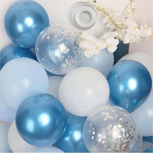 20/30/50pcs 12inch/30.48cm Blue Silver White Confetti Balloons Kit, White Royal Blue Balloons Metallic Silver Balloons Blue Sliver Confetti Balloons For Birthday Shower Graduation Party Supplies