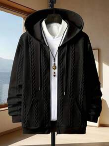 Men's Textured Jacquard Hooded Zip-Up Sweatshirt Jacket, Casual Long Sleeve Sweatshirt Top With Pockets - Black - View 9