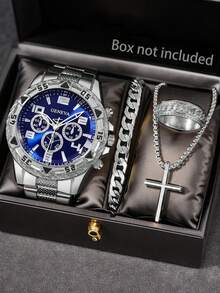 4 Pieces/Set Gold High-End Men's Fashion Watch Set, Classic Simple Design, Large Dial, Birthday Gift, Ideal Gift, Suitable For Daily Wear - Silver - View 2