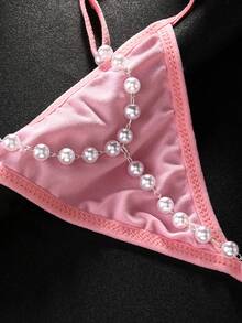 1 件银色珍珠比基尼丁字裤，女士夏季沙滩紧身衣吊坠内衣，性感俱乐部派对内衣 - 銀色 - 查看 3