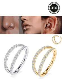 1 anel de septo articulado com incrustação de zircônia cúbica dupla | Joia de piercing de tragus de concha hipoalergênica em aço inoxidável banhado a ouro 18K 16G | Brinco labial com zircônia cúbica dupla | Design simples e elegante para uso diário feminino e presentes em festivais