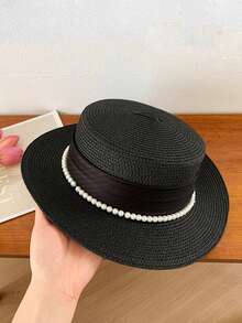 1 件女士时尚串珠平顶太阳帽，春夏季防紫外线，欧式高顶礼帽