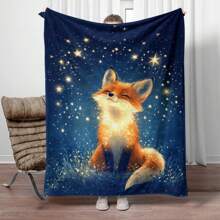 1pc Fox Under The Stars Lightweight Flannel Throw Blanket - Polyester Fleece Blanket For Sofa, Bed, Travel, Camping, Living Room, Office, Couch, Chair, And Bed - Digital Printing, No Electricity Or Feathers Required