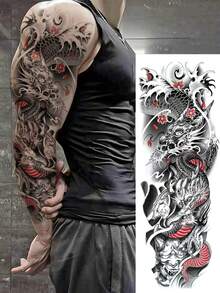 1 张超大全臂尺寸人体艺术临时纹身贴纸，适用于男士，红黑龙般若梅花图案，防水假袖纹身，持续 2-5 天，遮盖疤痕，可用于手臂手腕肩腿腰颈手胸部大腿手指，人体艺术角色扮演派对礼物 - 黑色 - 查看 2