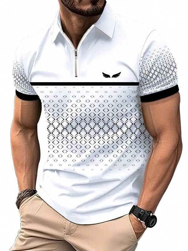 Camisa tipo polo para hombres con estampado de alas, de diseño geométrico en patchwork con cuello con cremallera, tallas grandes, adecuada para ocasiones formales o informales, cómoda y de moda
