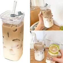 1 chiếc cốc thủy tinh hình chữ nhật 400ml có sọc, cốc thủy tinh trong suốt có nắp và ống hút, cốc cà phê đá, cốc trà, cốc nước ép, cốc nước lọc. - Trong sáng - Xem 4