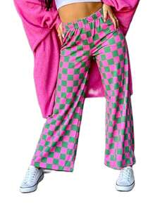 Womens Casual Checkered Print Wide Leg Pants Elastic High Waist Pants Lounge Spring Summer Casual Sweatpants Bottoms With Pockets - 西瓜紅色 - 查看 2